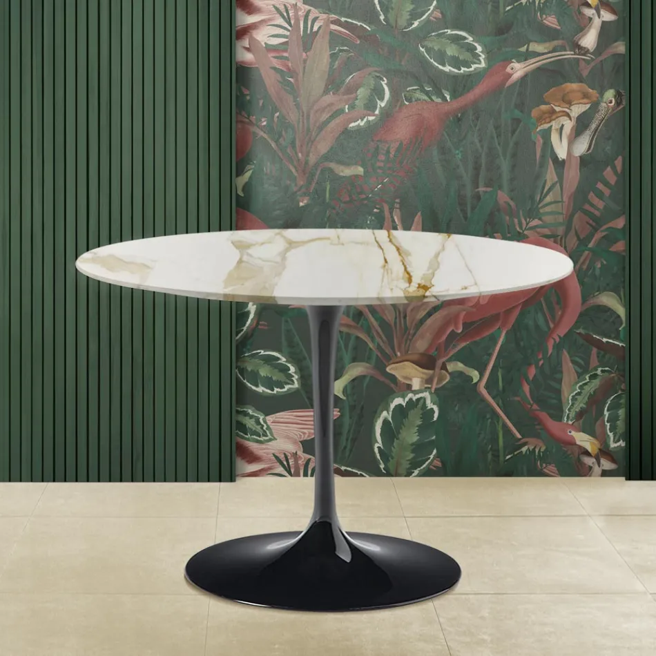 Eero Saarinen Tulip Table H 73 with Round Top in Gold Caracatta Marble Viadurini