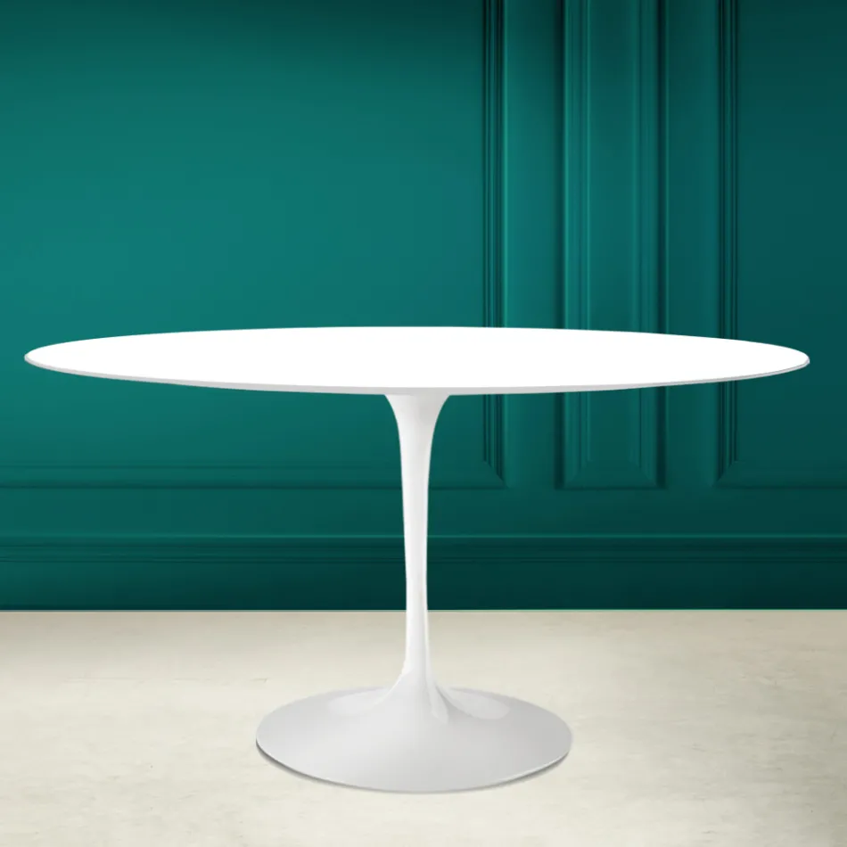 Tulip Table Eero Saarinen H 73 Oval in Absolute White Ceramic Made in Italy - Scarlet Viadurini