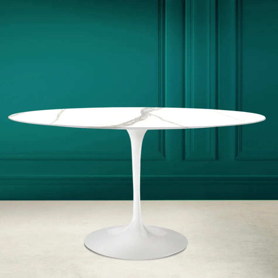 Tulip Table Eero Saarinen H 73 Oval in Calacatta Michelangelo Ceramic Viadurini