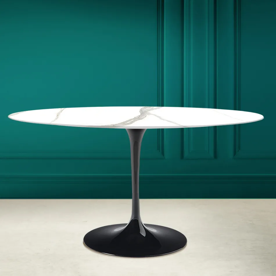 Tulip Table Eero Saarinen H 73 Oval in Calacatta Michelangelo Ceramic Viadurini