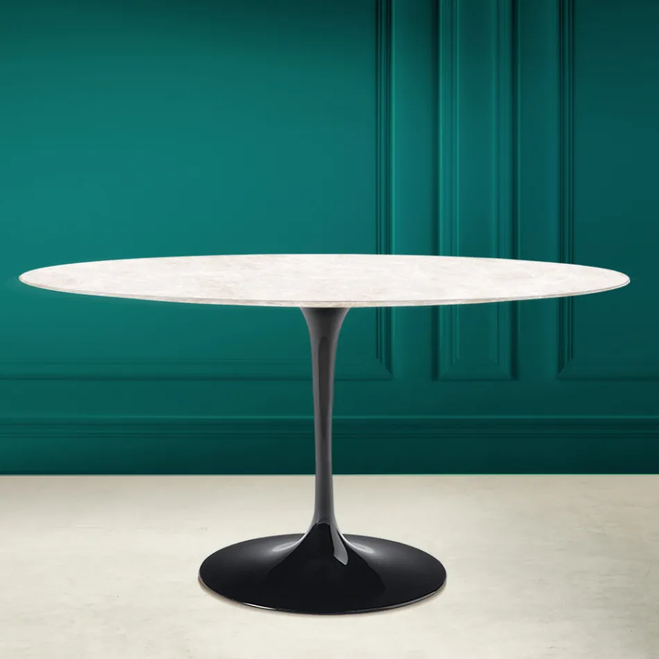 Tulip Table Eero Saarinen H 73 Oval in Diamond Cream Ceramic Made in Italy - Scarlet Viadurini