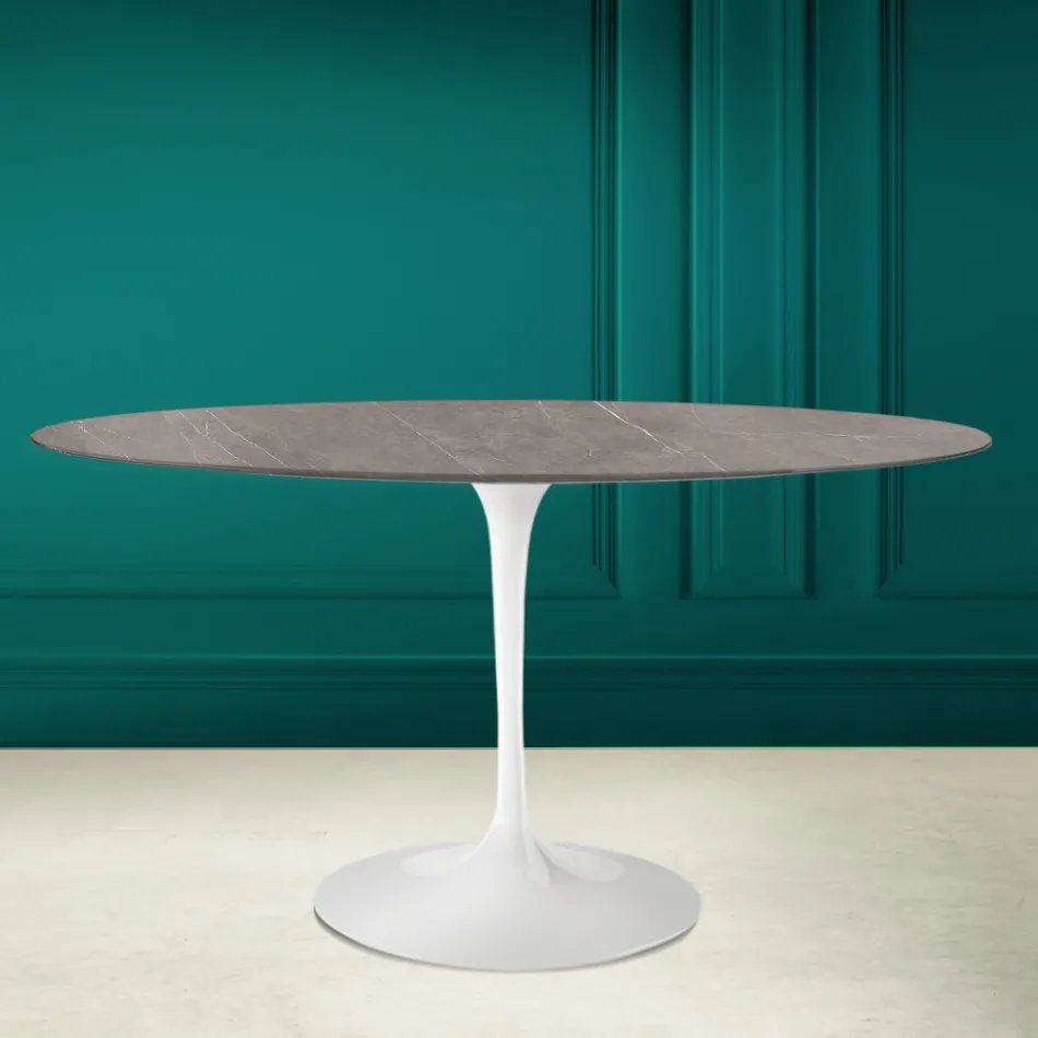Tulip Table Eero Saarinen H 73 Oval in Ceramic Pietra Grey Made in Italy - Scarlet Viadurini