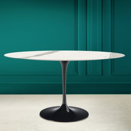 Tulip Table Eero Saarinen H 73 Oval in Statuario Ceramic Full Vein - Scarlet Viadurini