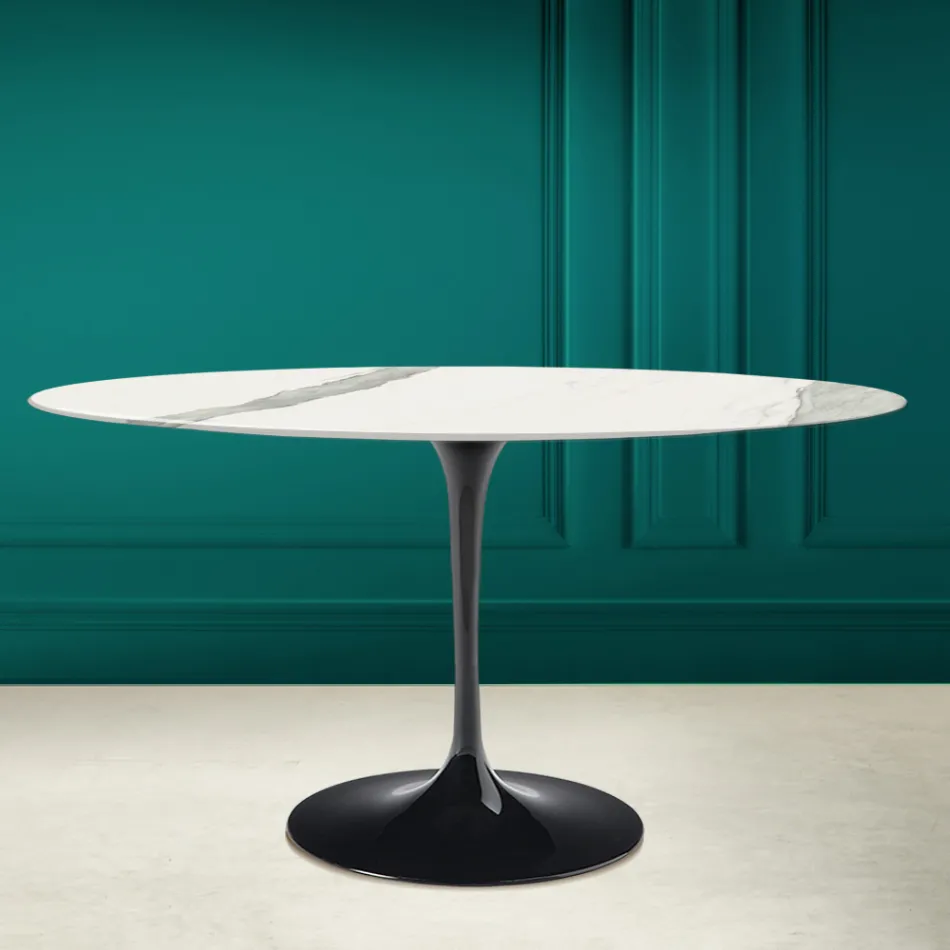 Tulip Table Eero Saarinen H 73 Oval in Statuario Ceramic Full Vein - Scarlet Viadurini