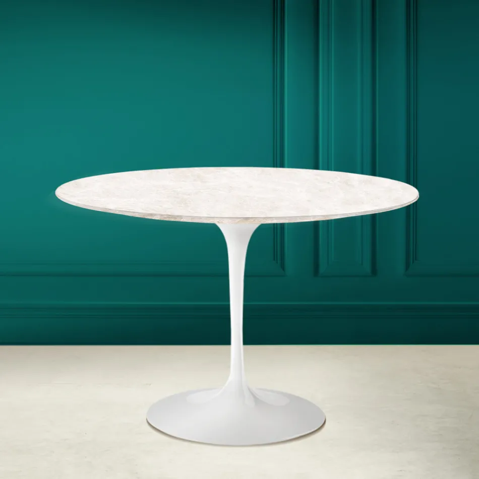Tulip Table Eero Saarinen H 73 Round in Diamond Cream Ceramic Made in Italy - Scarlet Viadurini