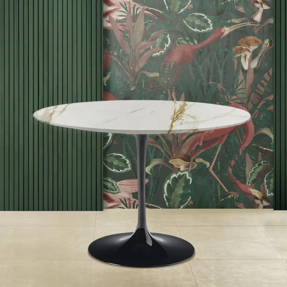 Eero Saarinen Tulip Table H 73 Round in Gold Caracatta Marble Made in Italy - Scarlet Viadurini