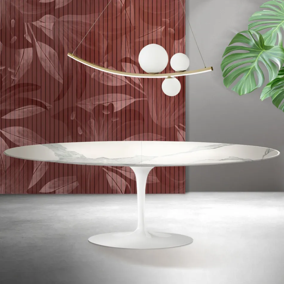 Saarinen Tulip Table H 74 cm Extendable in Florim Statuario Matt Ceramic - Scarlet Viadurini