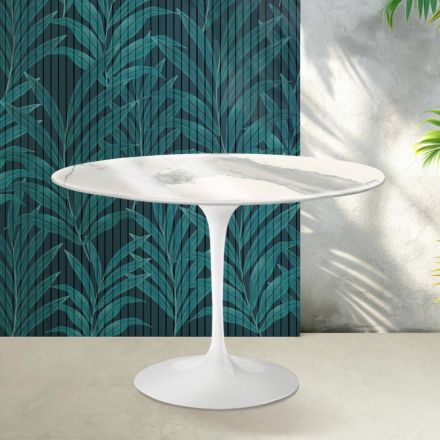 Tulip Saarinen table H 74 cm in Florim Statuario Lucido ceramic - Scarlet Viadurini