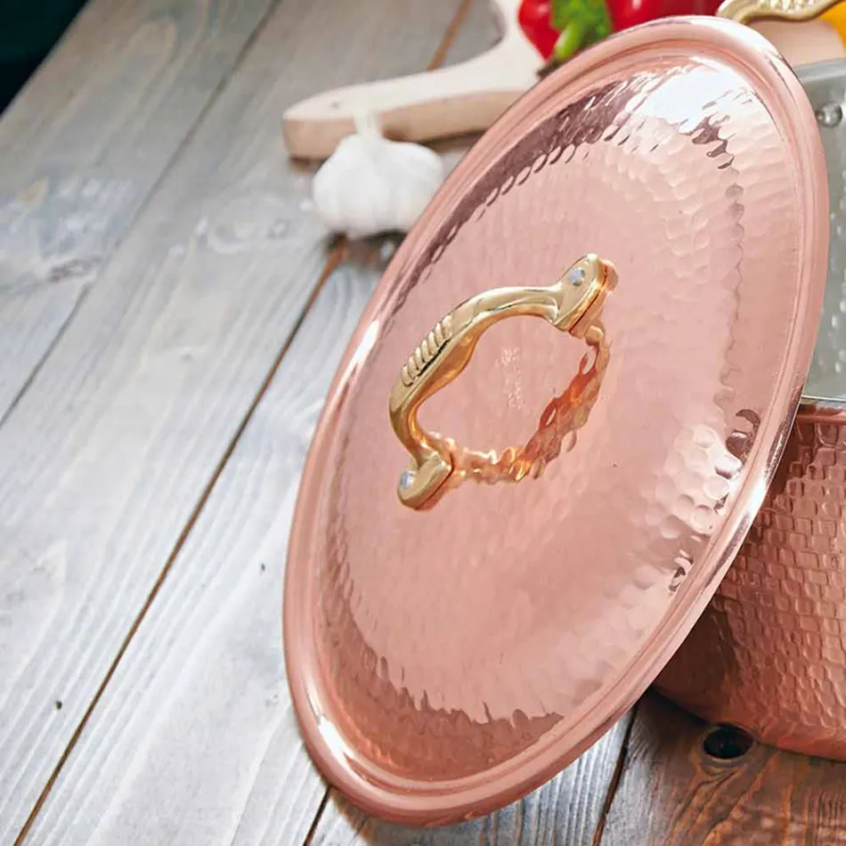 Round Hand Tinned Copper Pan 2 Handles and Lid 36 cm - Giangiorgio Viadurini