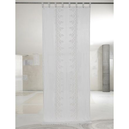 White and Light Linen Curtain with Elegant Central Lace Design - Geogeo Viadurini