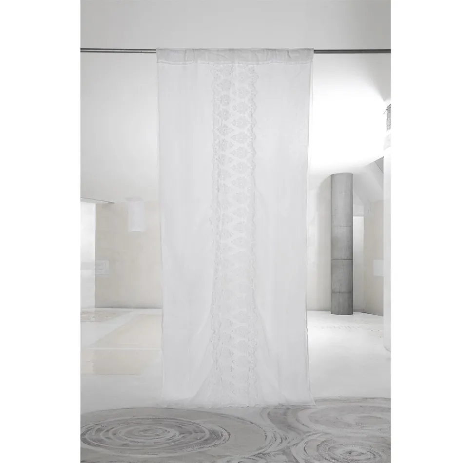 Italian Luxury Light Linen Curtain with Organza and White Embroidery - Marinella Viadurini
