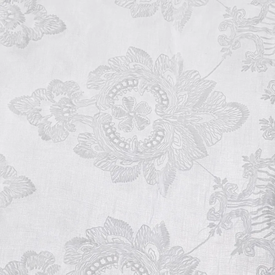 Italian Luxury Light Linen Curtain with Organza and White Embroidery - Marinella Viadurini