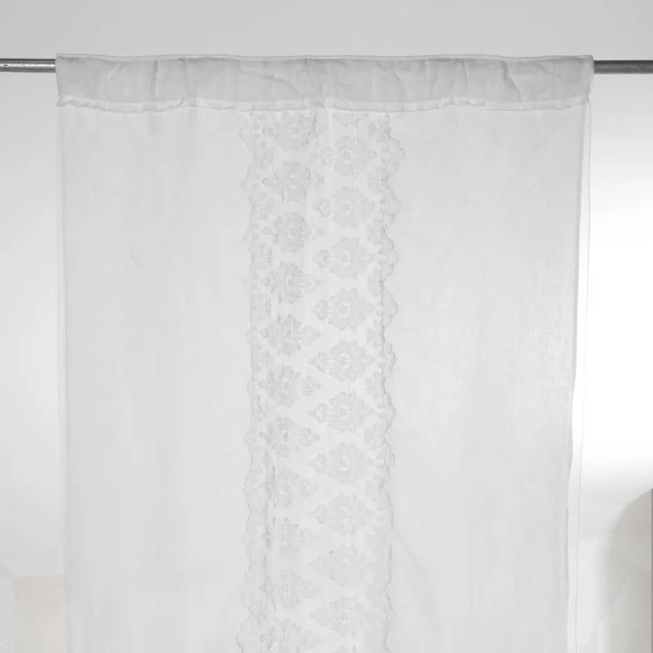 Retro Light Linen Curtain with Organza and Italian Luxury Embroidery - Marinella Viadurini