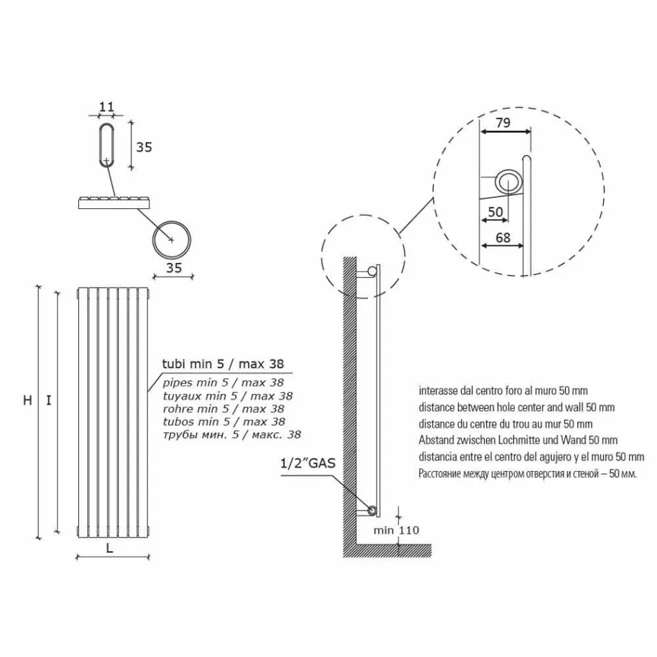 Modern Design Vertical Hydraulic Wall Radiator up to 1224 Watt - Regolo Viadurini