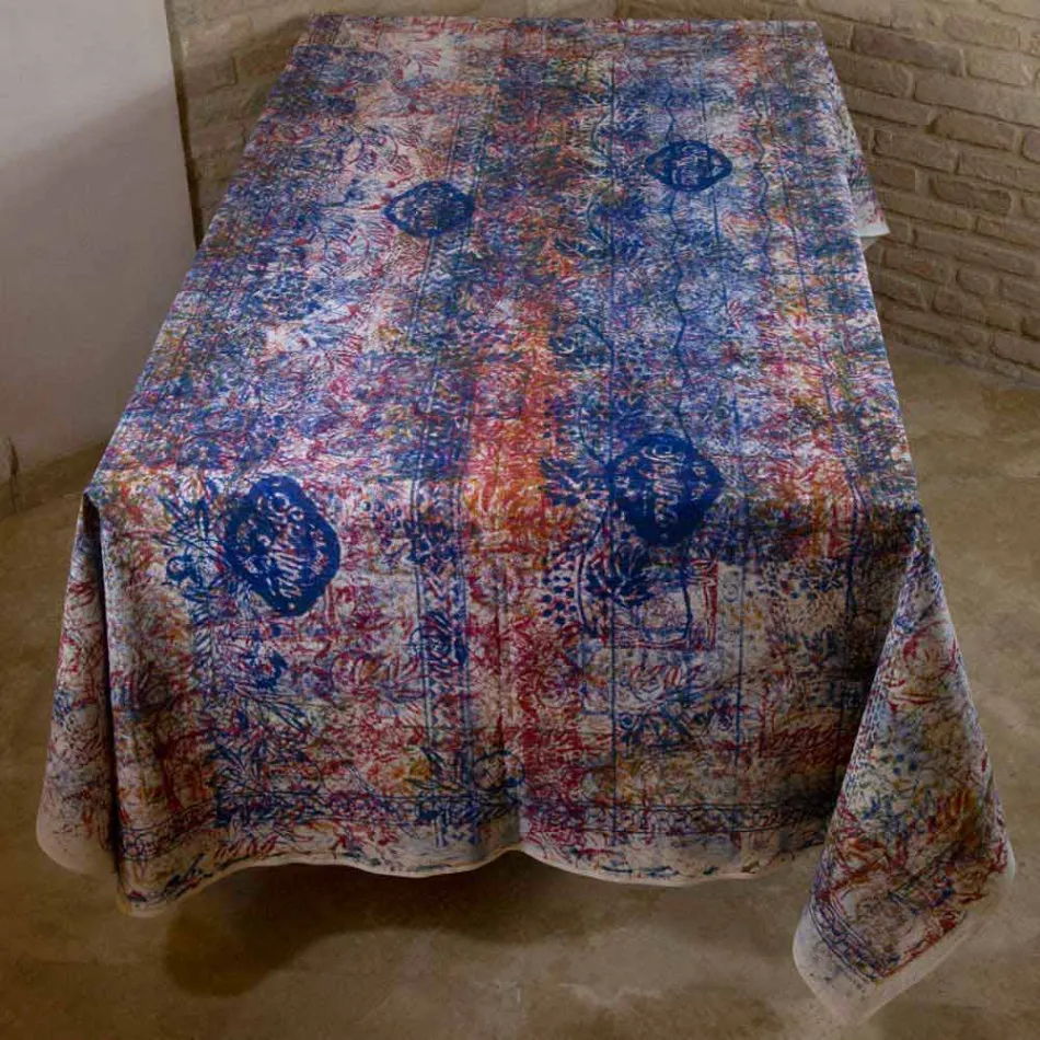 Tablecloth of Italian Art with Hand Printed Cotton One Piece - Brands Viadurini