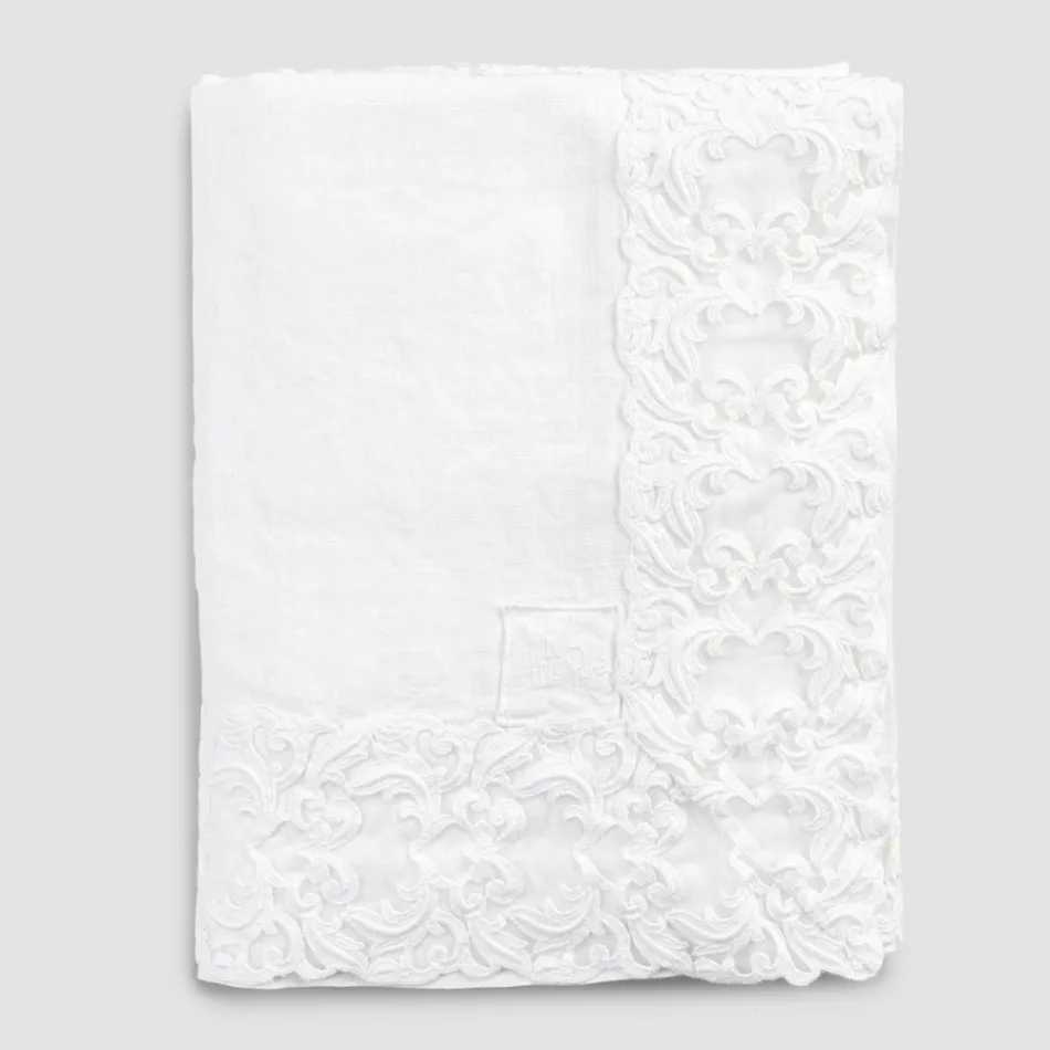 White or Butter Linen Tablecloth with Farnese Lace Rectangular Design - Kippel Viadurini