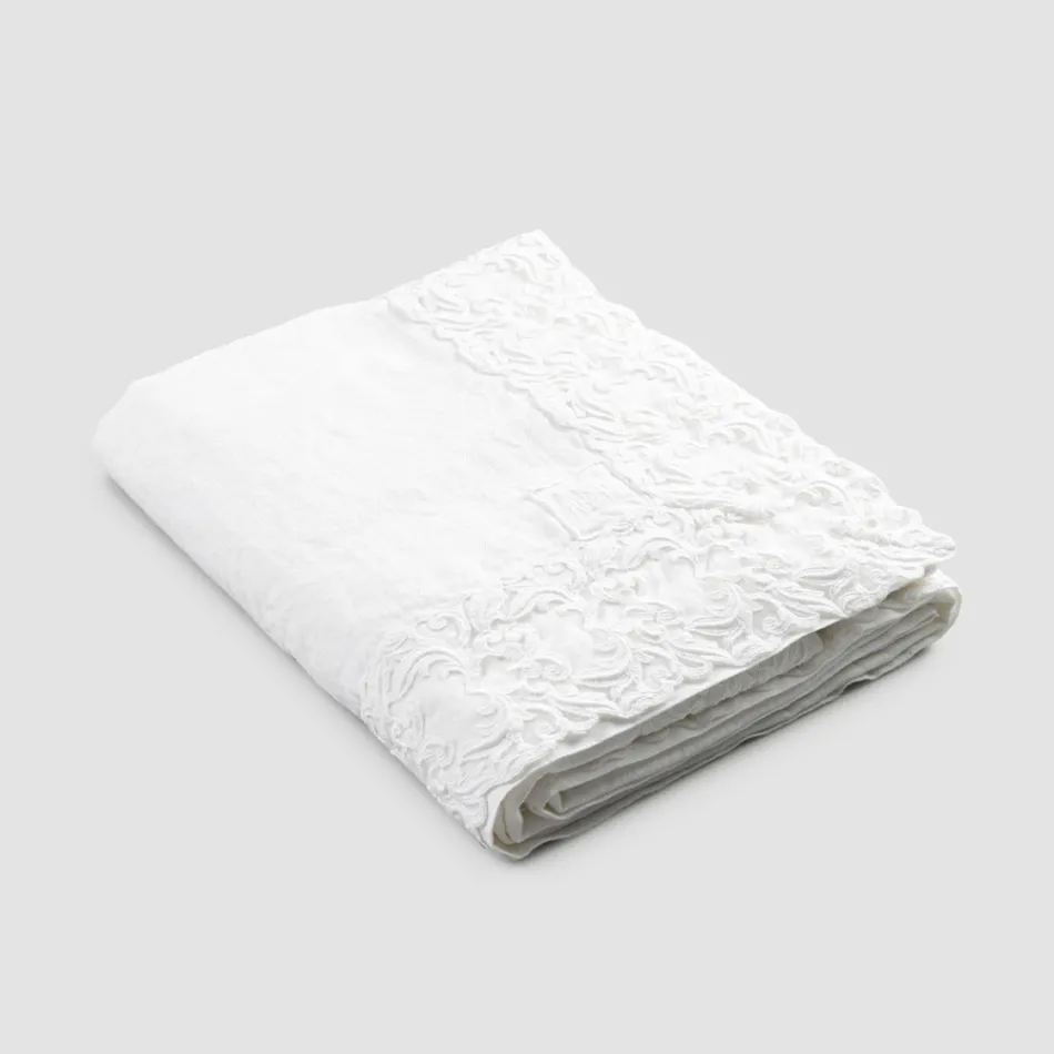 White or Butter Linen Tablecloth with Farnese Lace Rectangular Design - Kippel Viadurini