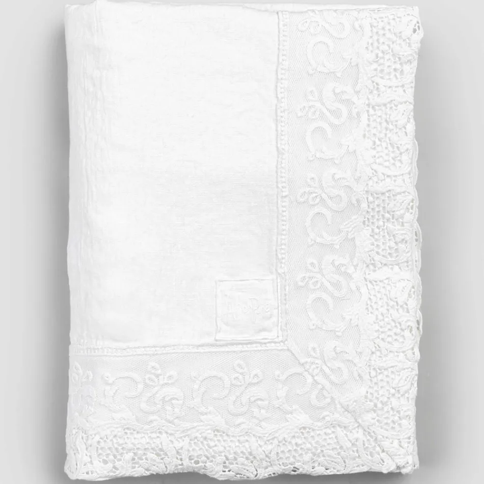 Luxury White Rectangular Linen Tablecloth with Frame or Lace - Davinci Viadurini