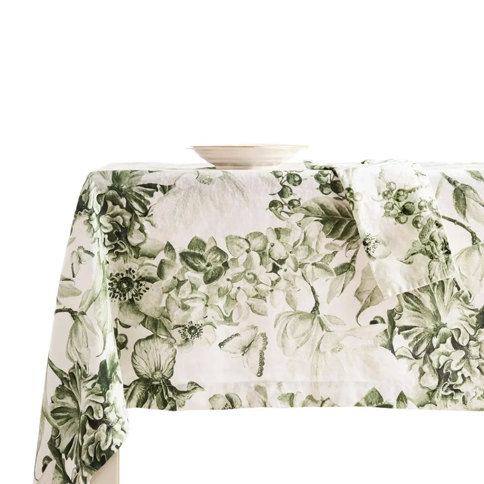 Printed and Garment-Wash Linen Tablecloth with a Lush Floral Design - Caress Viadurini
