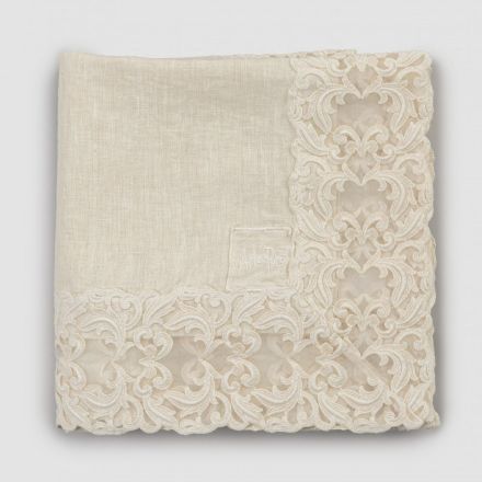 Beige Linen Square Tablecloth with Artisan Luxury Farnese Lace - Kippel Viadurini
