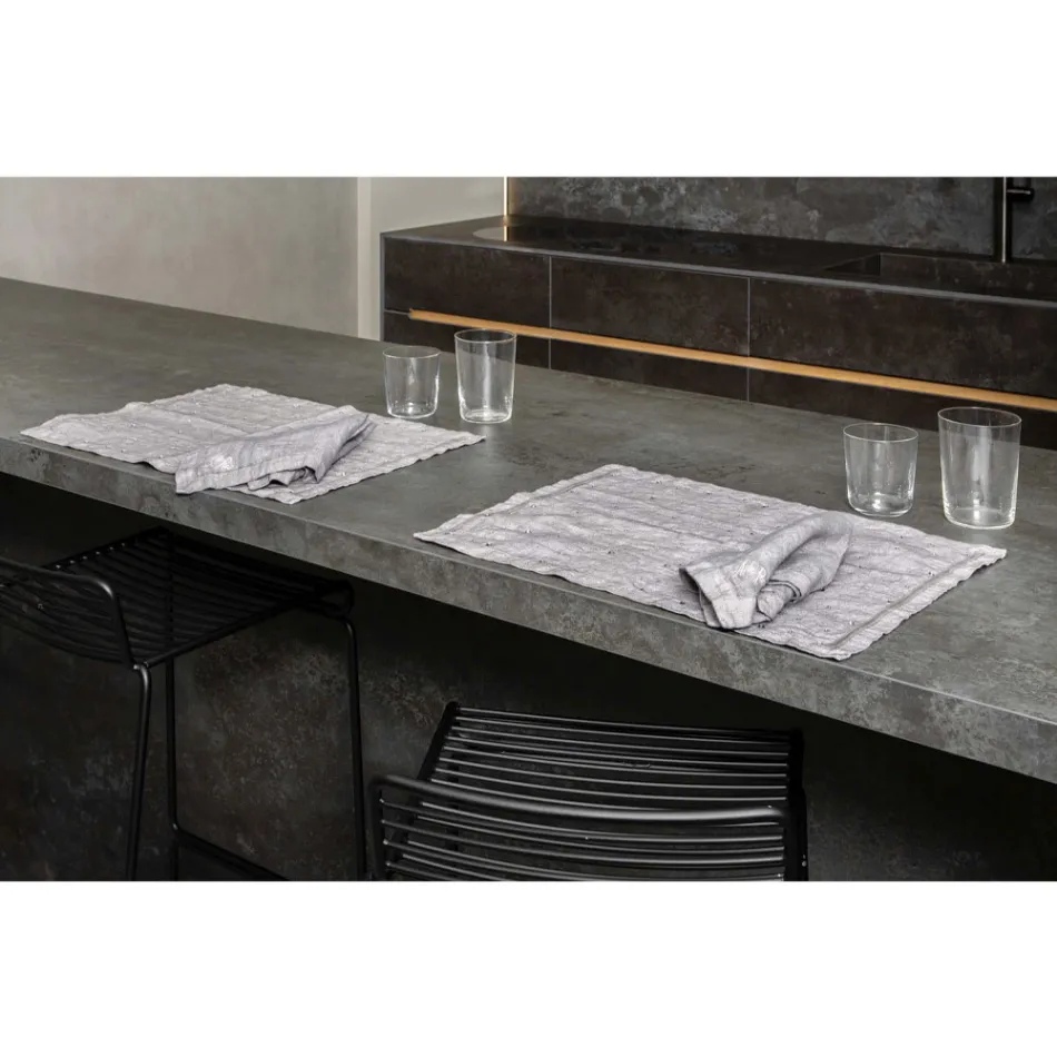 Breakfast Placemats in Gray Linen with Crystals 2 Pieces - Macanno Viadurini