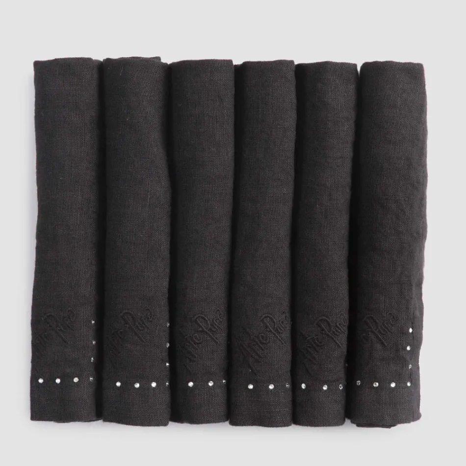 Linen Napkins with Black or Butter Crystals, 6 Pieces Italian Luxury - Prezio Viadurini