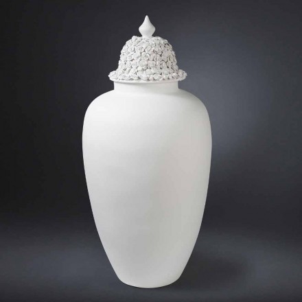 Tall White Ceramic Vase with Decorated Tip Handmade in Italy - Verio Viadurini