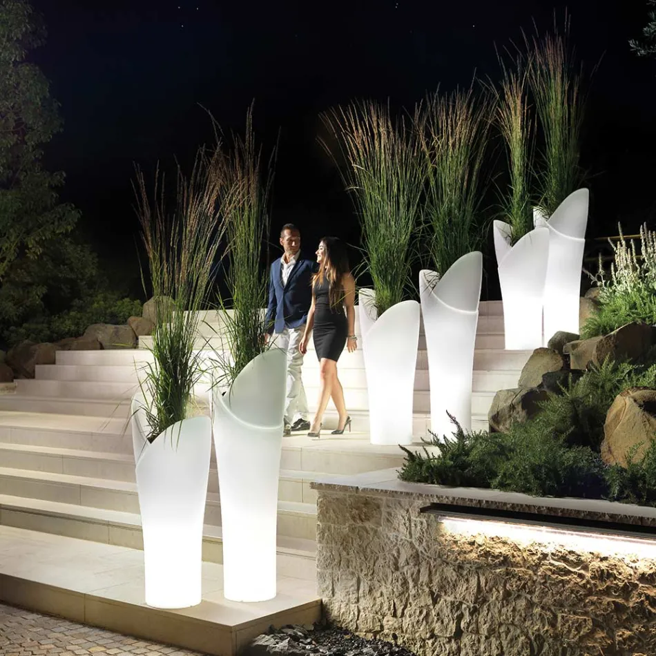 Luminous Outdoor Vase in White Polyethylene Made in Italy - Galileo Viadurini