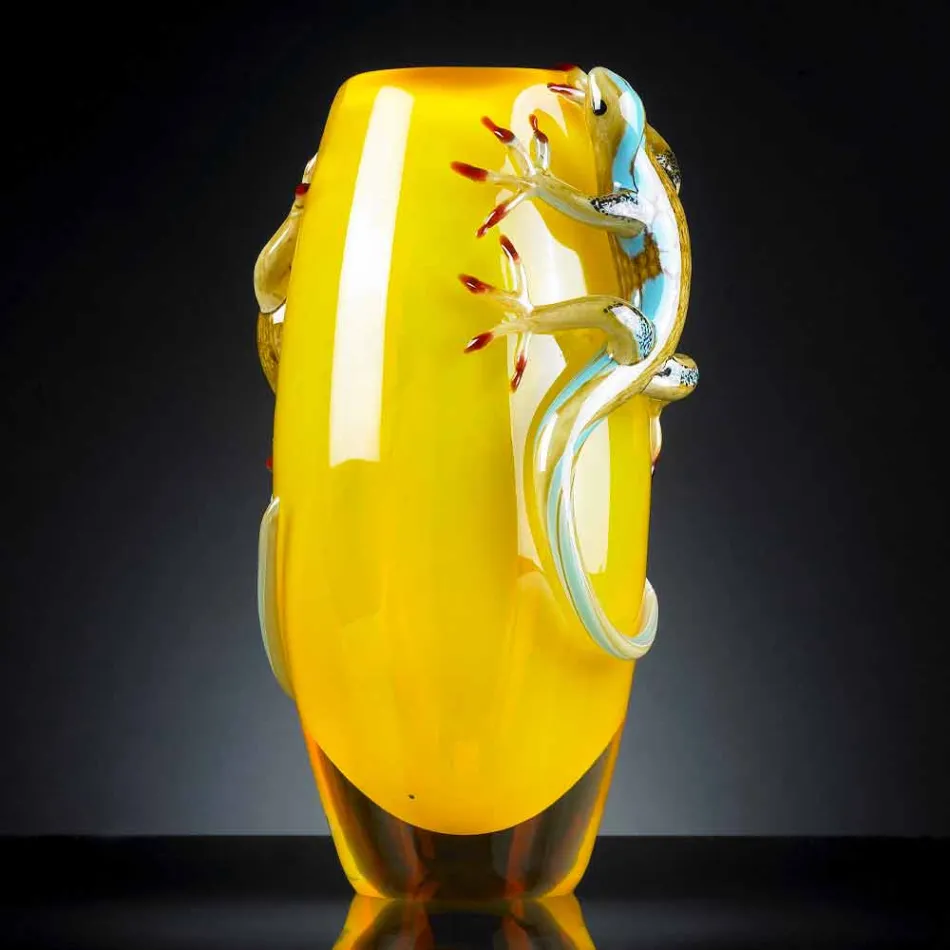 Indoor Stained Glass Vase with Geckos Handmade in Italy - Geco Viadurini