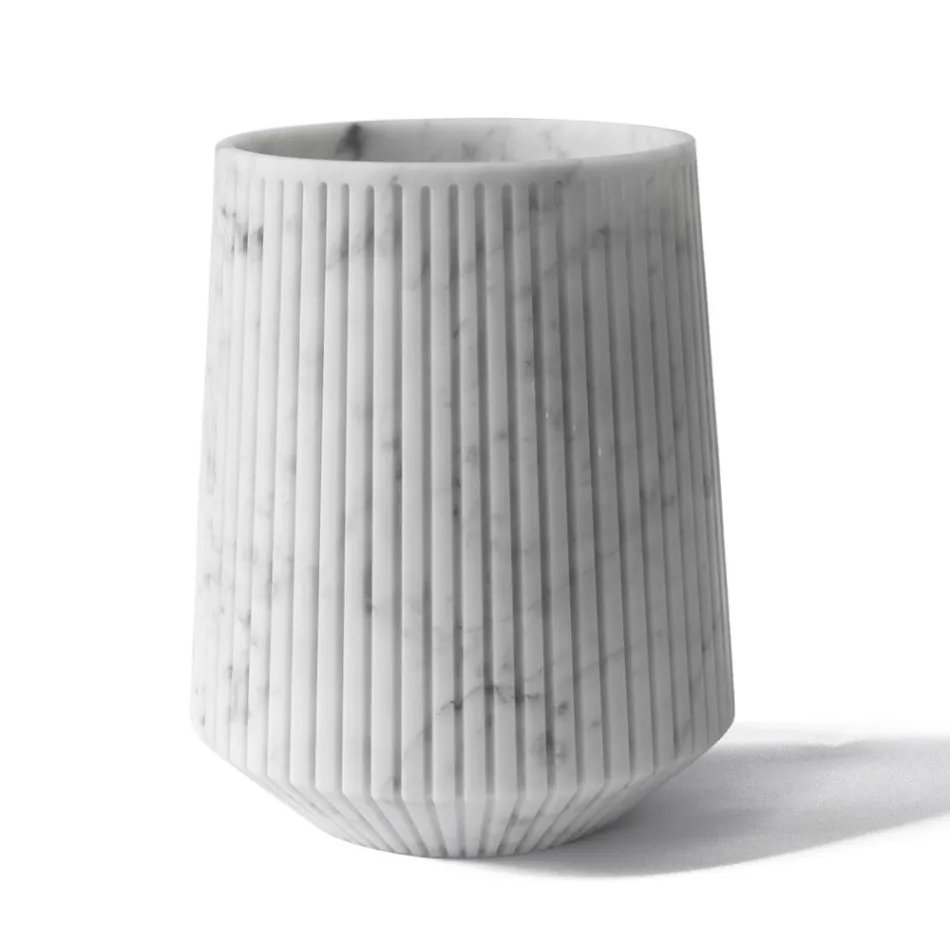 Decorative Vase in White Carrara Marble or Portoro Design with Stripes - Cairo Viadurini