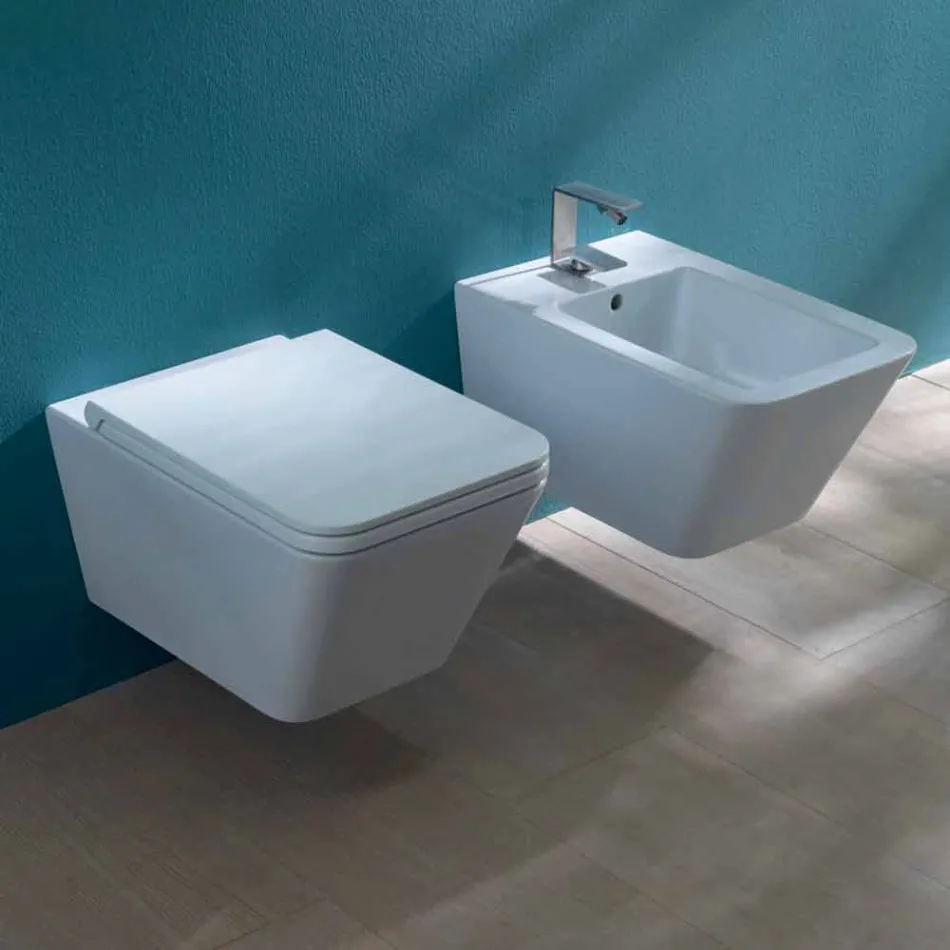 Ceramic wall-hung toilet, modern design, Sun Square made in Italy Viadurini