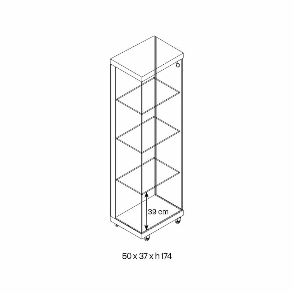 Wall Showcase in Glass and White Wood, Wheels and Illuminated Shelves - Armilla Viadurini