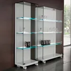 Wall Showcase in Glass and White Wood, Wheels and Illuminated Shelves - Armilla Viadurini