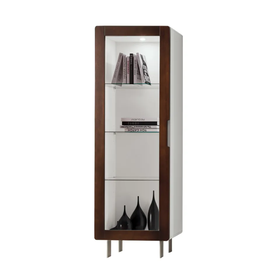 Living Room Showcase with 1 Door in White and Canaletto Finish Made in Italy - Gerd Viadurini