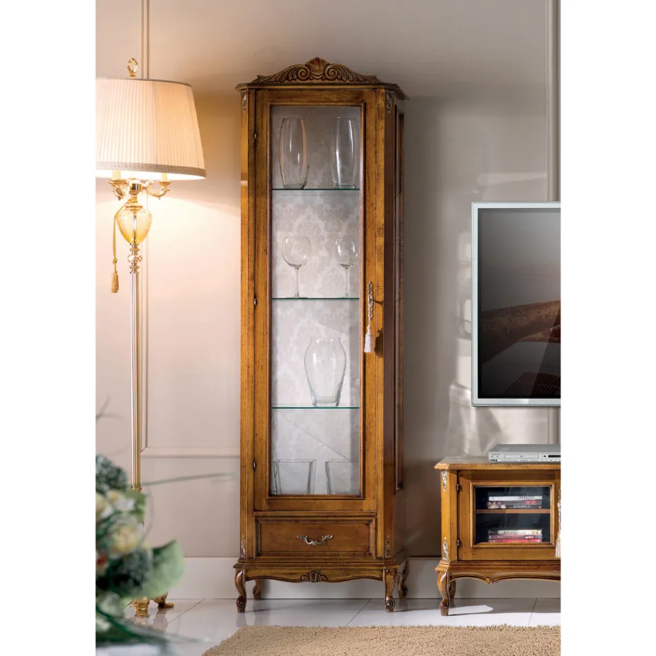 Classic Living Room Showcase in Walnut Wood 1 Door Made in Italy - Ronald Viadurini