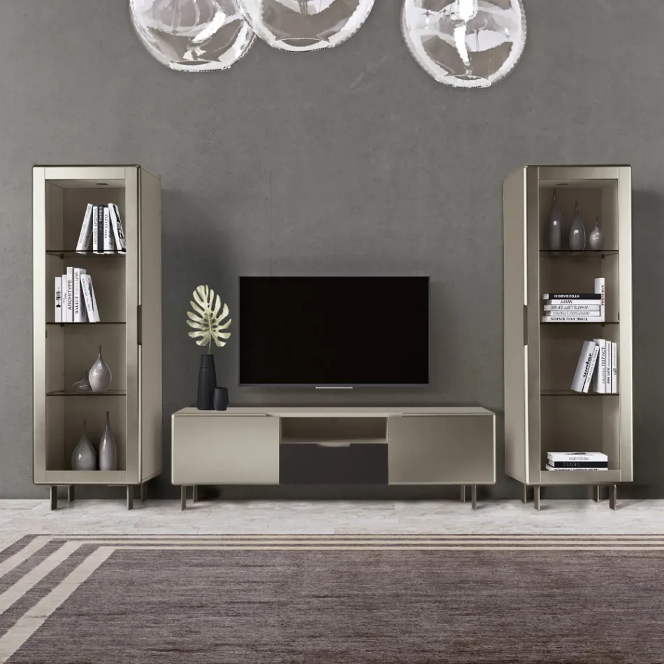 Living room display cabinet with 1 door in MDF, nickel finish, Made in Italy - Hilde Viadurini