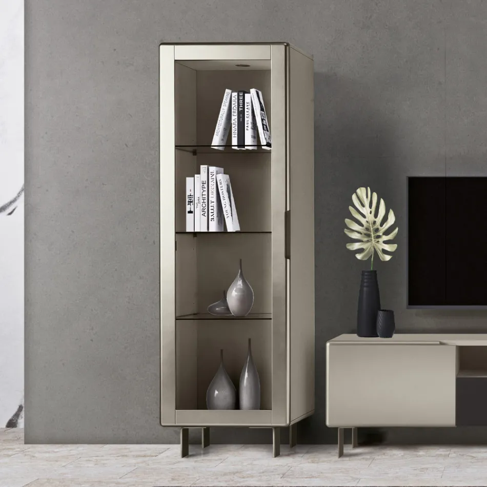 Living room display cabinet with 1 door in MDF, nickel finish, Made in Italy - Hilde Viadurini